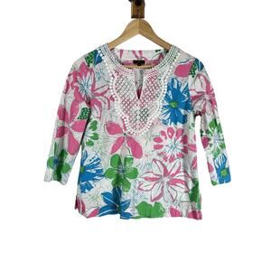 Talbots Lace Applique‎ Bib Anguilla Floral Cotton Tunic Top Womans S Petite GUC